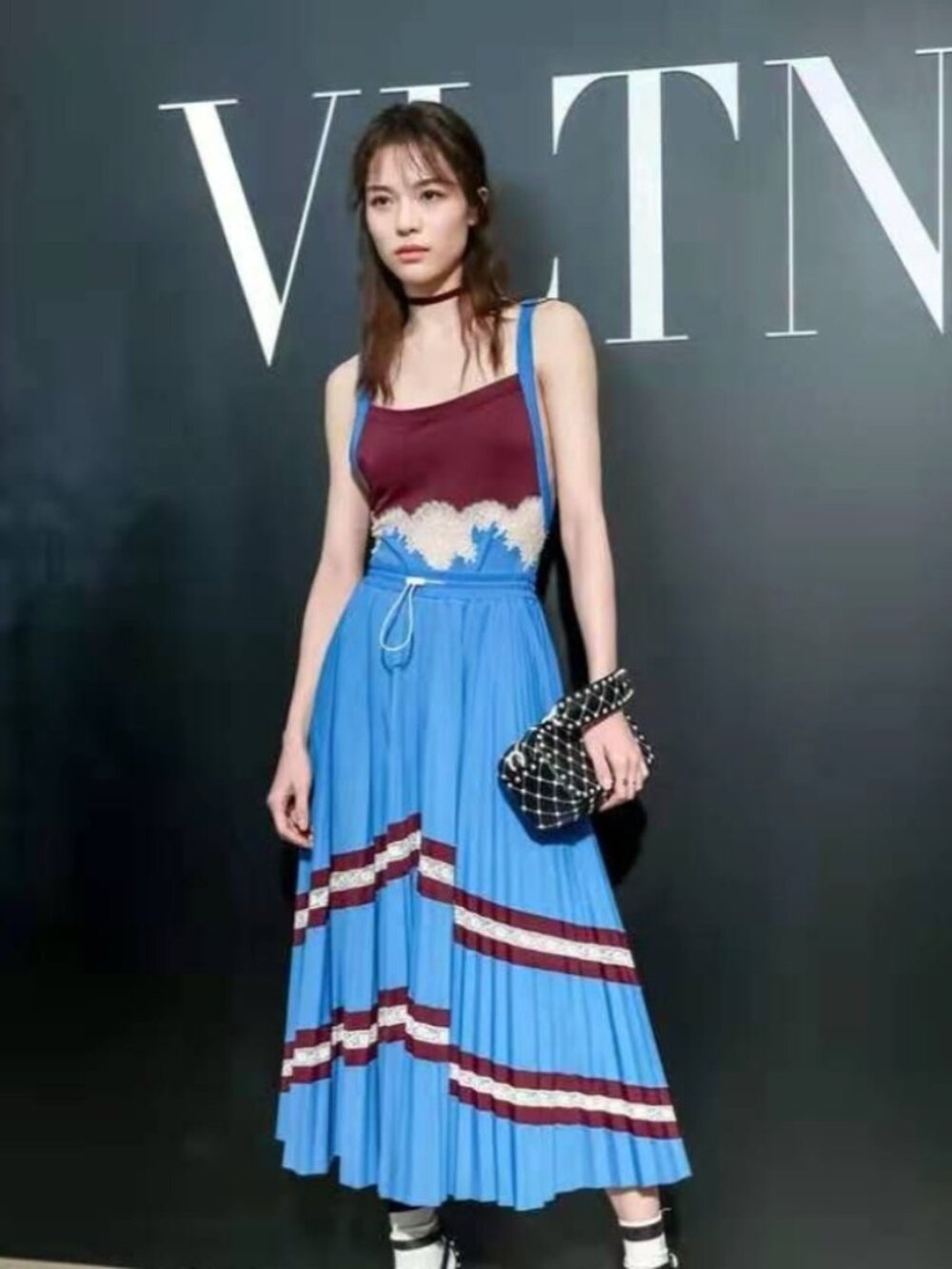Valentino 2 pc. Chevron Pleated Skirt Tech Jersey Lace Bodysuit XS